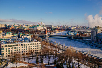 Aerial Moscow skyline in sunny winter day