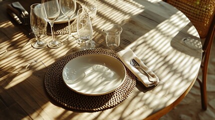  a wooden table topped with a white plate next to a wine glass and a wine glass filled with wine glasses.
