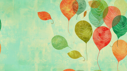  a painting of a bunch of balloons floating in the air with leaves coming out of them on a blue background.