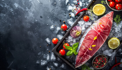 tuna fish steak on a dark background with seasoning.