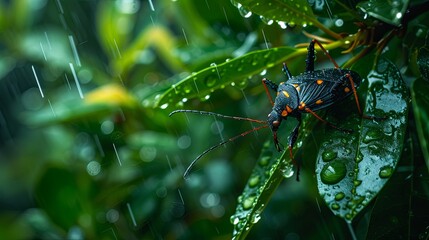 Small cute bug insect under rain forest wallpaper background