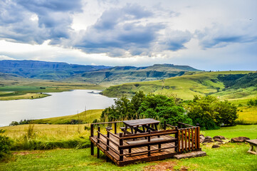 Drakensberg mountain escarpment and bell park dam around Cathkin park in Kwazulu natal South Africa