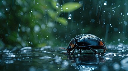 Small cute bug insect under rain forest wallpaper background
