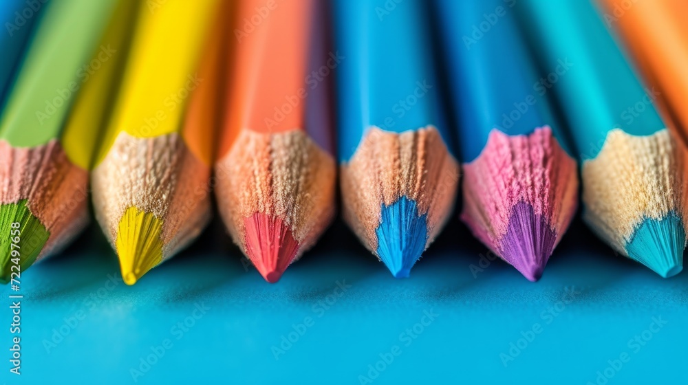Poster colored pencils lie in a row on a bright minimalistic background