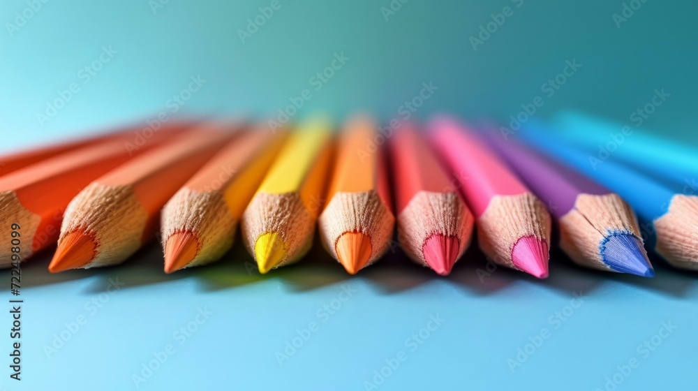 Aufkleber colored pencils lie in a row on a bright minimalistic background