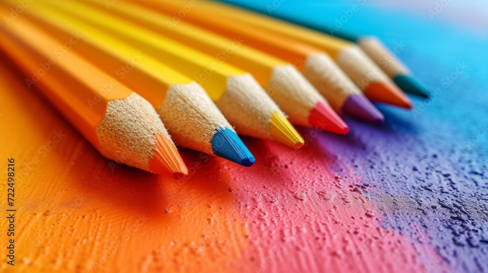 Poster colored pencils lie in a row on a bright minimalistic background