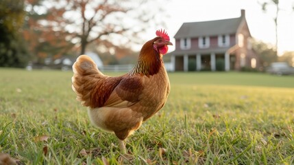 chicken walking on the grass in the yard of a classic American farm