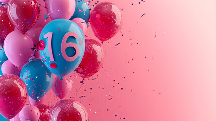 Graphic banner of Sweet 16 Birthday balloon teenager celebration with copyspace - obrazy, fototapety, plakaty
