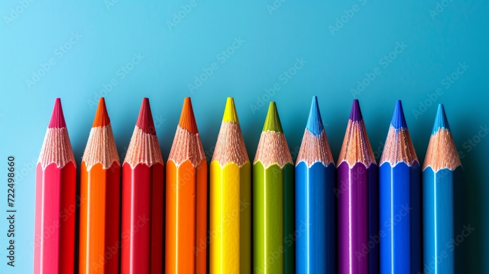 Poster colored pencils lie in a row on a bright minimalistic background