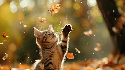 Happy cat play with autumn leaves in public park wallpaper background - obrazy, fototapety, plakaty