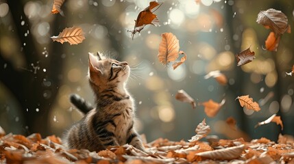 Happy cat play with autumn leaves in public park wallpaper background