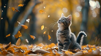 Happy cat play with autumn leaves in public park wallpaper background - Powered by Adobe