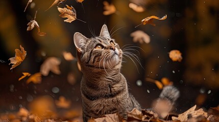 Happy cat play with autumn leaves in public park wallpaper background