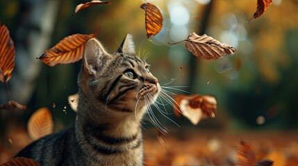 Happy cat play with autumn leaves in public park wallpaper background