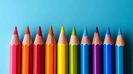 Colored pencils lie in a row on a bright minimalistic background