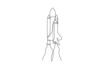 One continuous line drawing of A rocket is accelerating rapidly out of space. Outer space minimalist concept. Dynamic single line draw design vector graphic illustration