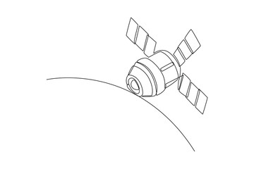 One continuous line drawing of A satellite in outer space. Outer space minimalist concept. Dynamic single line draw design vector graphic illustration