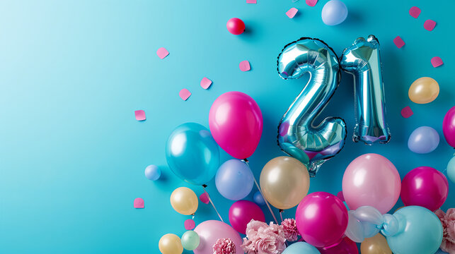 Graphic banner of 21st Birthday balloon celebration with copyspace