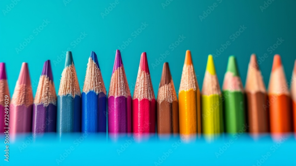 Poster colored pencils lie in a row on a bright minimalistic background