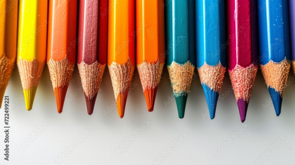 Poster colored pencils lie in a row on a bright minimalistic background