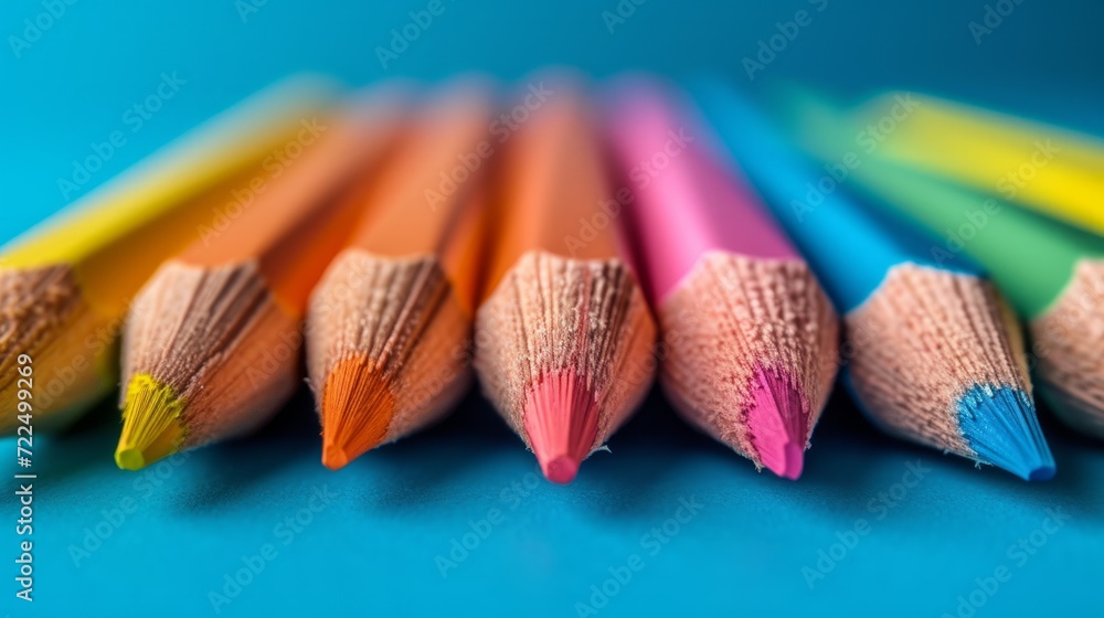 Poster colored pencils lie in a row on a bright minimalistic background
