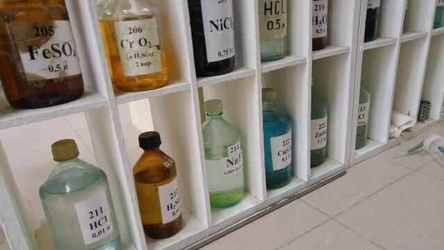Glass jars with chemical formulas on labels in shelves close up 