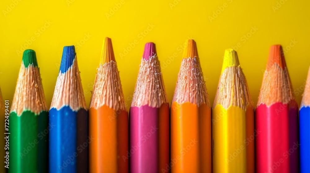 Poster colored pencils lie in a row on a bright minimalistic background