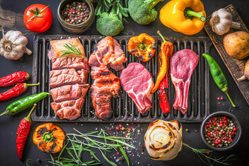 Variety of colorful meats and vegetables on the grill, May, food concept, generative ai