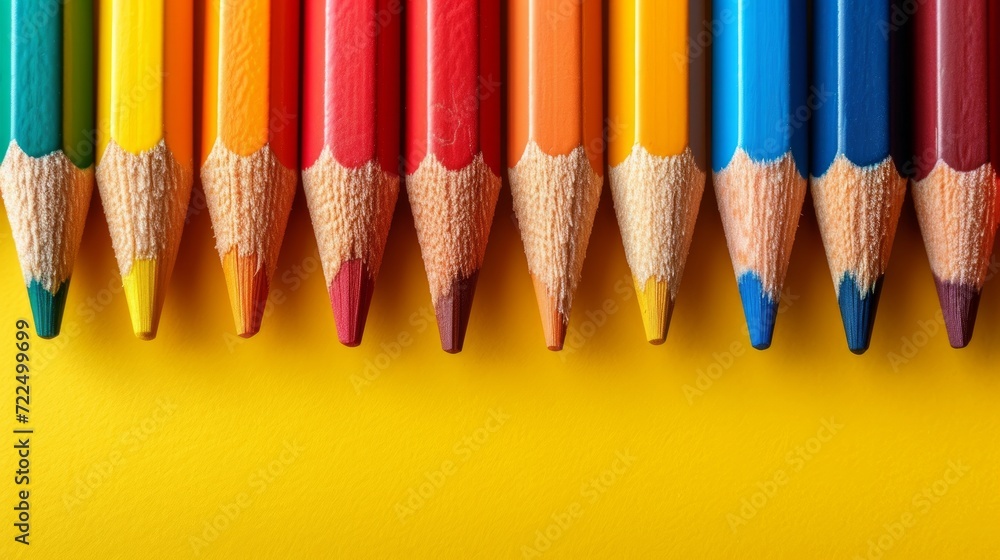 Poster colored pencils lie in a row on a bright minimalistic background