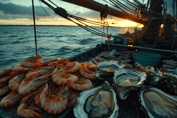 Shrimp,oysters,crabs on a boat at sea
