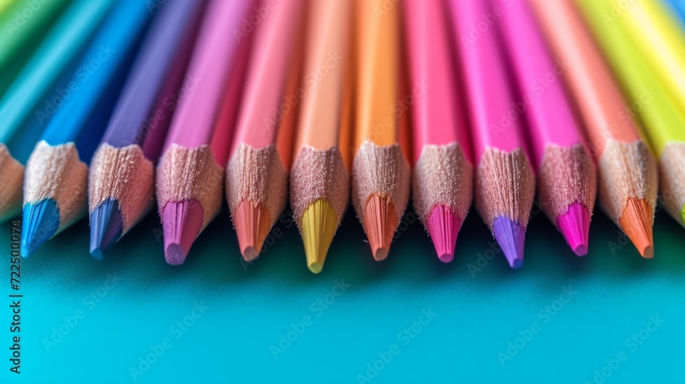Poster colored pencils lie in a row on a bright minimalistic background