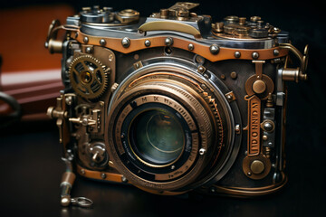 retro mechanical camera or hybrid measuring device, close-up of an object, steampunk-style concept