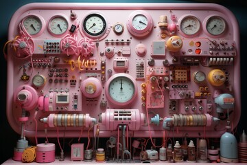 Pink analog control panel in the command center, devices for industrial and scientific research, in the style of retro science fiction