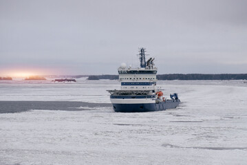 Ice-Breaker Vessel On Duty For Icebreaking Services For Safe Navigation. Operations In Arctic Areas.
