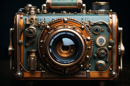 retro mechanical camera or hybrid measuring device, close-up of an object, steampunk-style concept