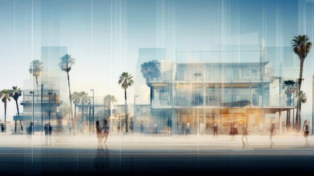 Blurred view of a street with palm trees. Neural network AI generated art