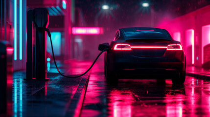 Electric car charging at night under neon light
