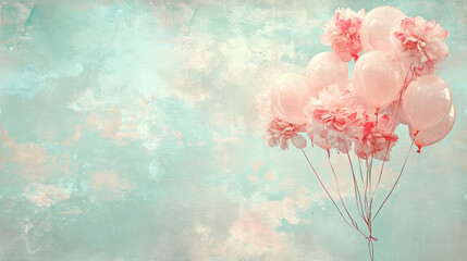  a bunch of pink balloons floating in the air on a blue and green background with a pastel sky in the background.