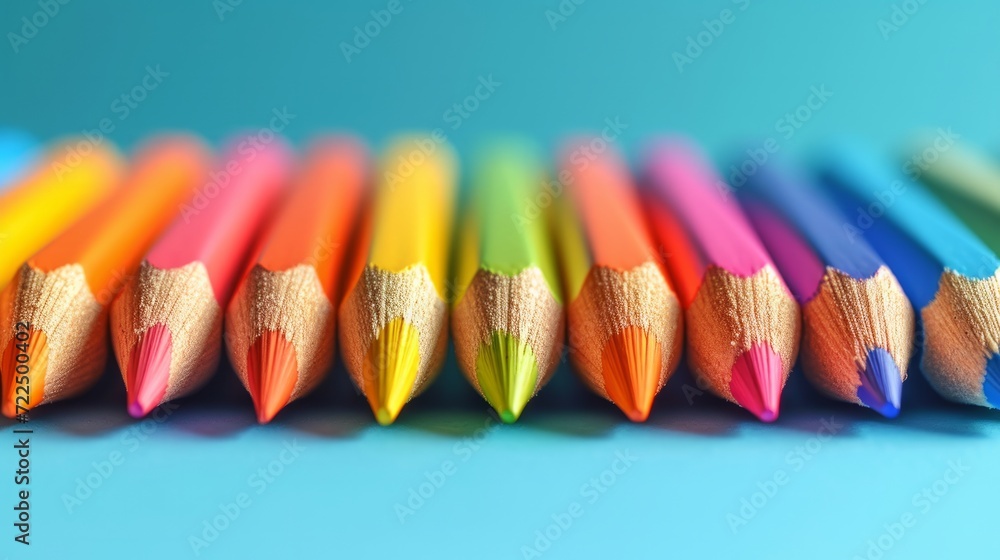 Poster colored pencils lie in a row on a bright minimalistic background