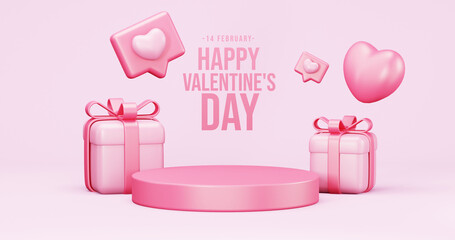 Valentine's Day interior, balloons. Stand, podium,  background with product display and Heart. Love greeting card, poster with pink gift boxes, presents - 3d rendering