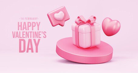 Valentine's Day interior, balloons. Stand, podium,  background with product display and Heart. Love greeting card, poster with pink gift boxes, presents - 3d rendering