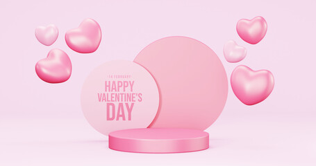 Valentine's Day interior, balloons. Stand, podium,  background with product display and Heart. Love greeting card, poster with pink gift boxes, presents - 3d rendering