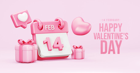 Valentine's Day interior, balloons. Stand, podium,  background with product display and Heart. Love greeting card, poster with pink gift boxes, presents - 3d rendering