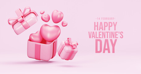 Valentine's Day interior, balloons. Stand, podium,  background with product display and Heart. Love greeting card, poster with pink gift boxes, presents - 3d rendering