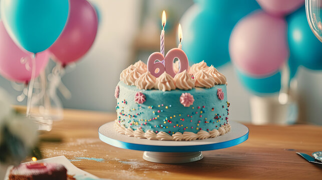 60th Birthday Cake for a sixty year old party celebration. Graphic banner with copyspace