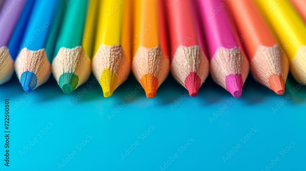 Poster colored pencils lie in a row on a bright minimalistic background