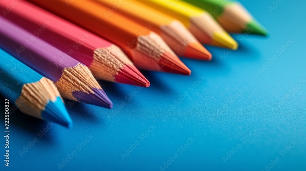 Poster colored pencils lie in a row on a bright minimalistic background
