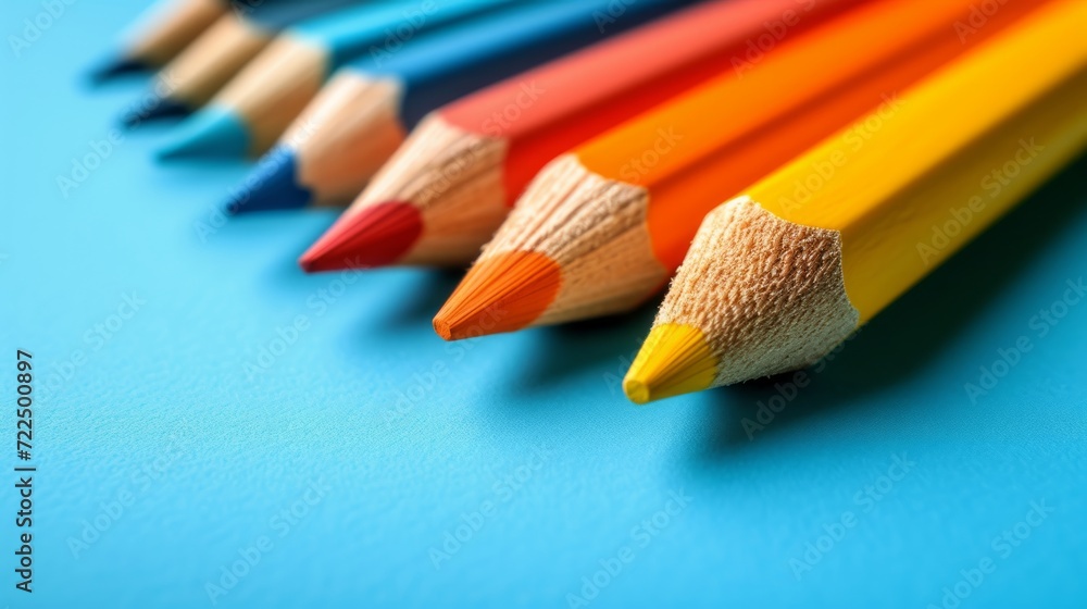 Poster colored pencils lie in a row on a bright minimalistic background