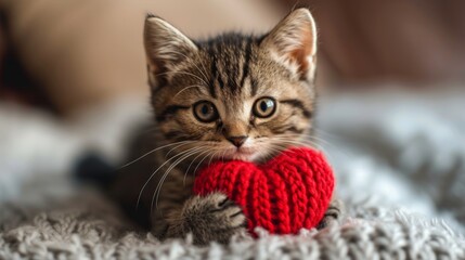 Cute kitten holding a red knitted heart in his hands