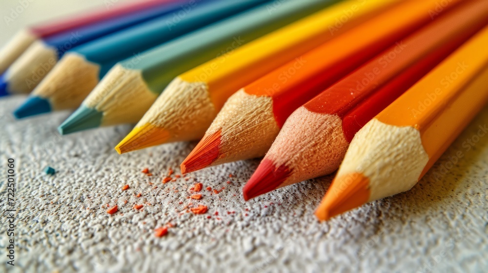 Poster colored pencils lie in a row on a bright minimalistic background